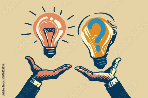 Illustration of two hands holding light bulbs, one glowing and the other with a question mark, symbolizing creativity and curiosity.