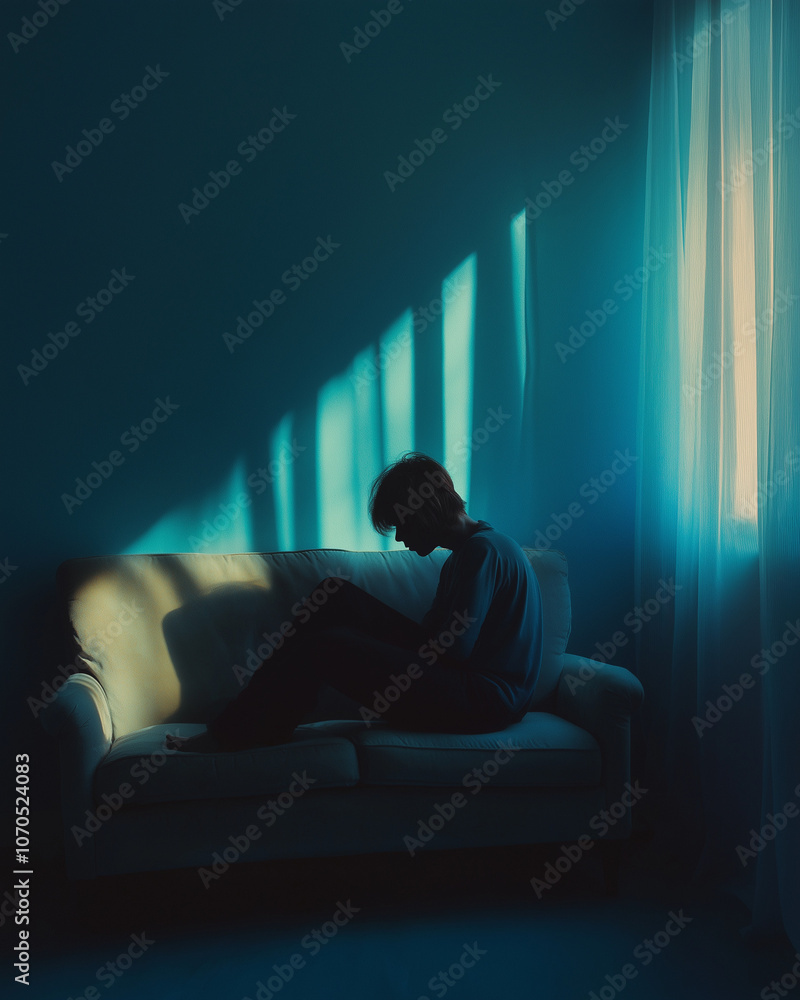 Person sitting alone on a plush sofa, staring at the floor with a distant expression. Blue-toned light fills the room, creating a cool, melancholic atmosphere. High resolution capturing textures Person sitting alone on a plush sofa, staring at the floor with a distant expression. Blue-toned light fills the room, creating a cool, melancholic atmosphere. High resolution capturing textures