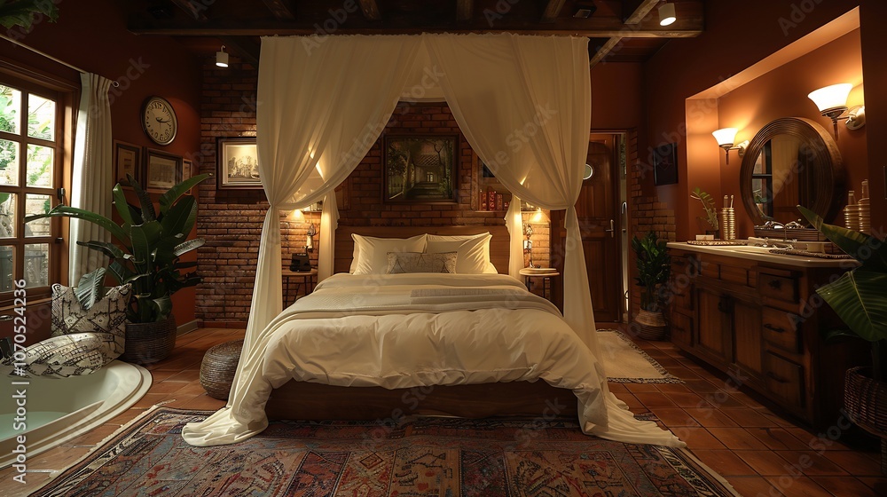 Rustic bedroom warm brown accents fourposter bed and cozy lighting creating a welcoming retreat Rustic bedroom warm brown accents fourposter bed and cozy lighting creating a welcoming retreat