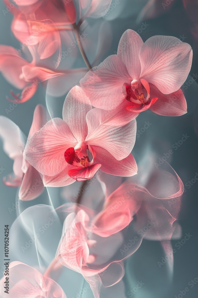 Red orchids and light grey mist or veil. Abstract floral background in light soft colors Red orchids and light grey mist or veil. Abstract floral background in light soft colors