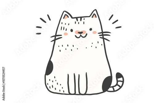 A playful cartoon illustration of a smiling cat with black spots and a friendly demeanor on a white background.