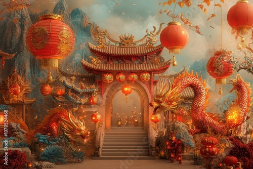 A traditional Chinese New Year celebration with dragons and lanterns in bright reds and golds