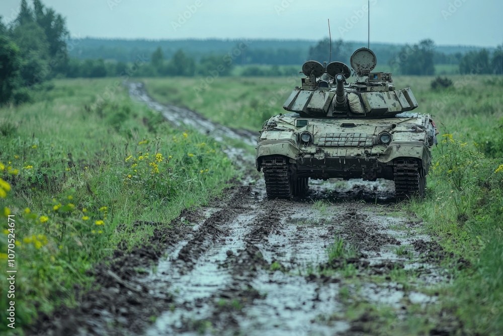 Military tanks navigate a muddy rural road during winter in a misty landscape Military tanks navigate a muddy rural road during winter in a misty landscape
