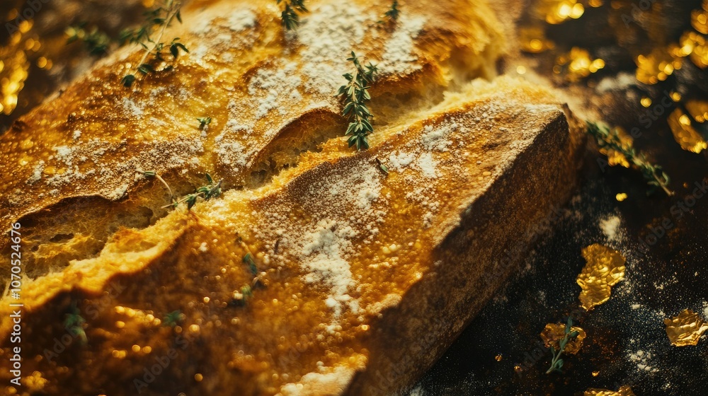 Close-up of golden-brown bread loaf with thyme and flour dusting, capturing the warmth and aroma of fresh baking Close-up of golden-brown bread loaf with thyme and flour dusting, capturing the warmth and aroma of fresh baking