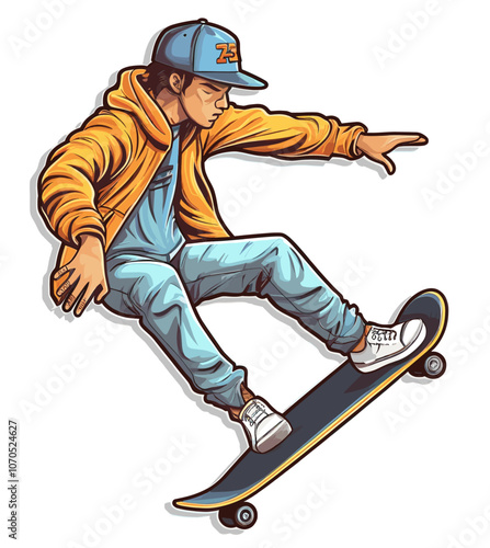 Cartoon sticker of a skater boy over white background