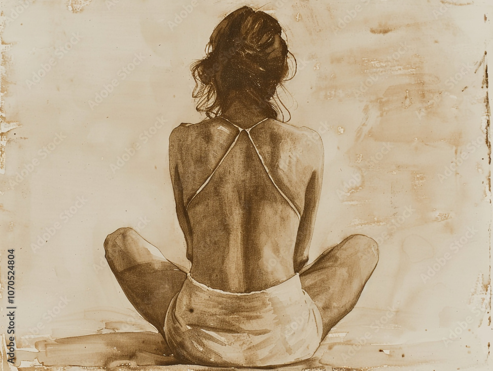 Naklejka premium A woman is sitting on the floor with her back turned. The old sepia-toned image gives a mood of melancholy and sadness.