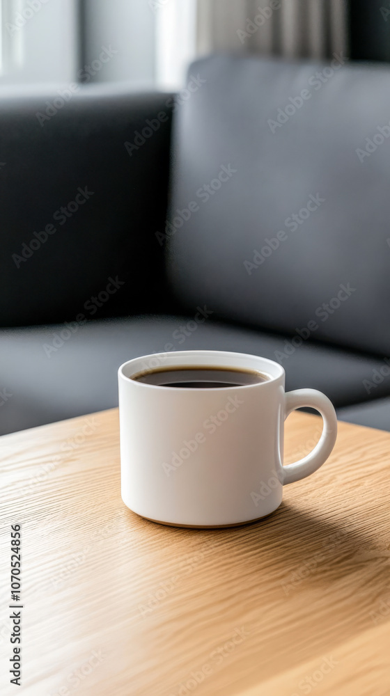 A cozy cup of black coffee on a wooden table in a modern living room setting A cozy cup of black coffee on a wooden table in a modern living room setting