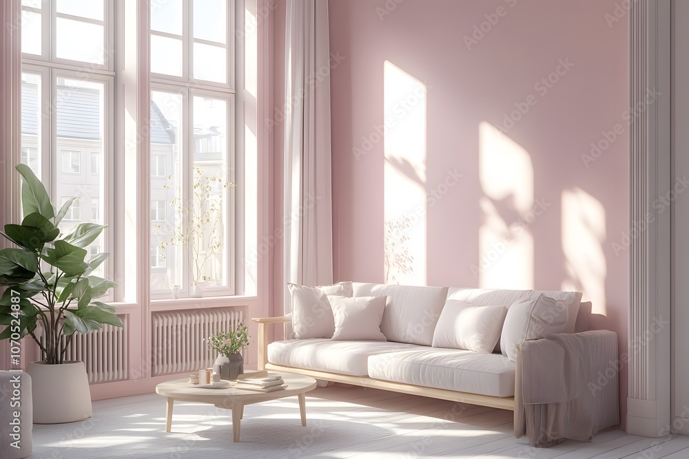 Fototapeta premium Minimalist living room with white sofa, coffee table and pink wall.