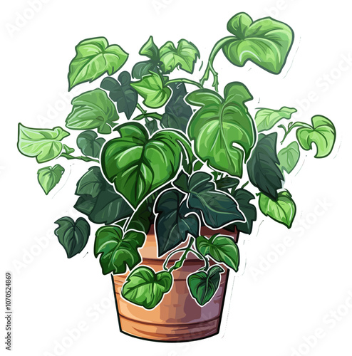 Cartoon sticker of a potted ivy plant over white background