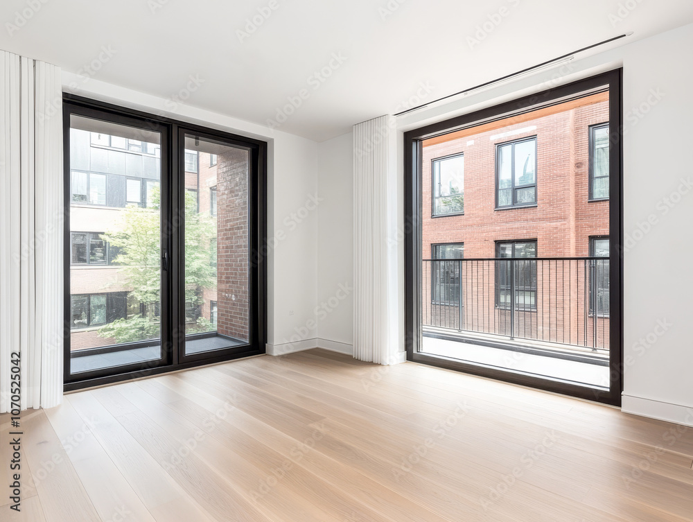Bright and modern empty living room with large windows overlooking a vibrant urban neighborhood Bright and modern empty living room with large windows overlooking a vibrant urban neighborhood
