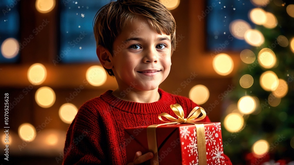 Christmas joy fills a boy's heart with a gift. Christmas joy fills a boy's heart with a gift.