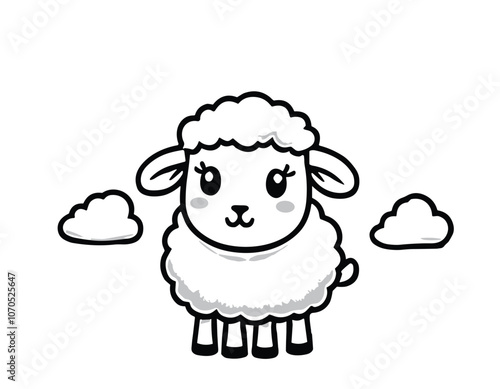 Cute cartoon sheep with fluffy wool standing in a simplistic black and white illustration.