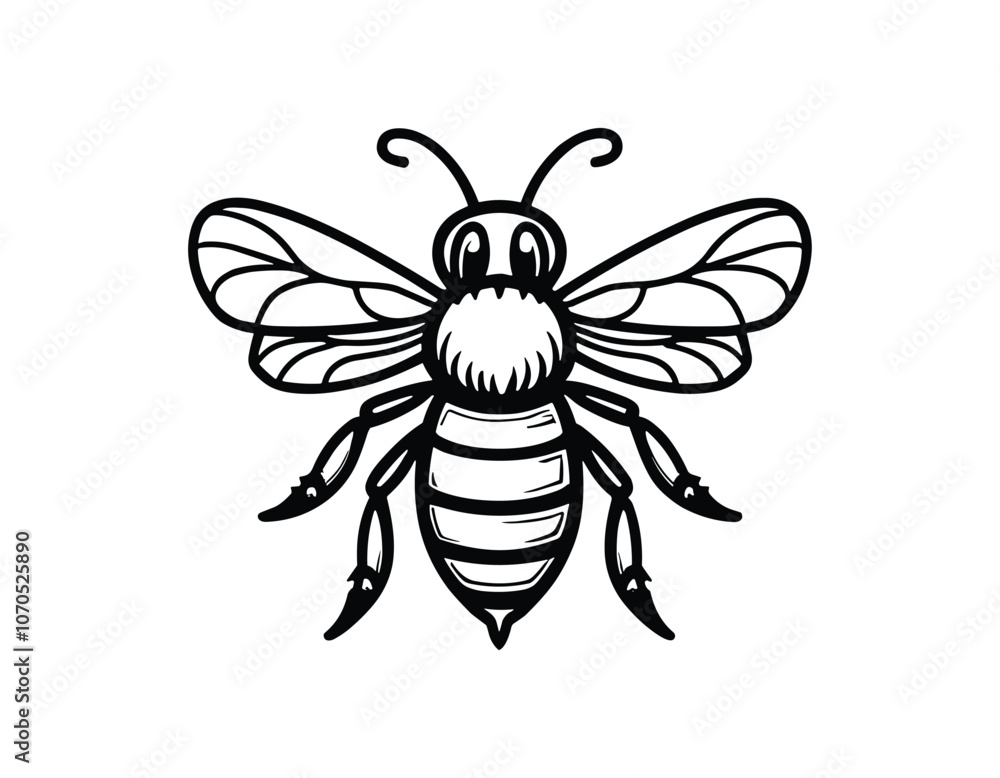Black and white illustration of a detailed bee with intricate wing patterns on a plain background. Black and white illustration of a detailed bee with intricate wing patterns on a plain background.