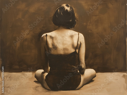 A woman is sitting on the floor with her back turned. The old sepia-toned image gives a mood of melancholy and sadness.