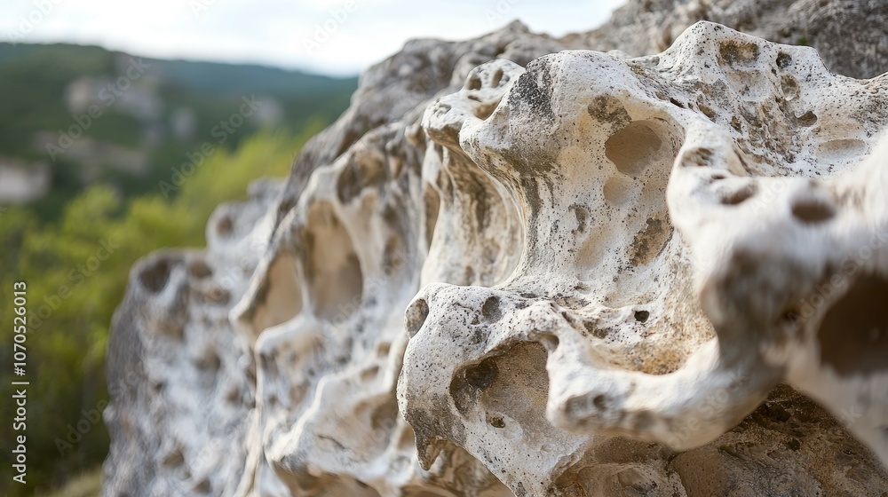 Close-up of a white porous rock formation on a cliffside with a green landscape in the background. Close-up of a white porous rock formation on a cliffside with a green landscape in the background.