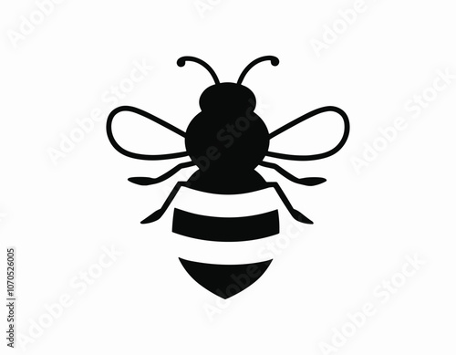 Silhouette of a bee with wings spread, featuring bold black and white contrast lines, on a plain white background in a minimalist design.