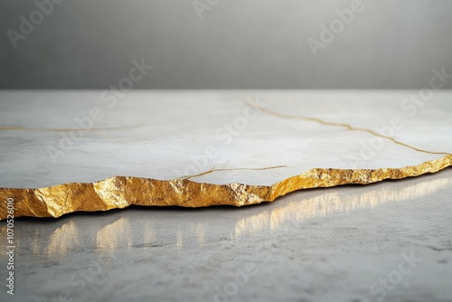 White and Gold Abstract Background - A Cracked and Gold-Edged Slab of Stone with a Reflection on a Grey Surface