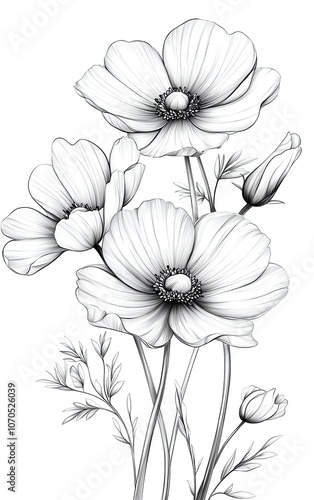 Intricate line drawing of delicate flowers with detailed petals and stems, showcasing a natural and artistic design on a white background.