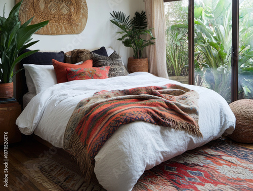 A bohemian bedroom with colorful textiles, layered rugs, and a mix of textures, creating a warm and inviting space. photo