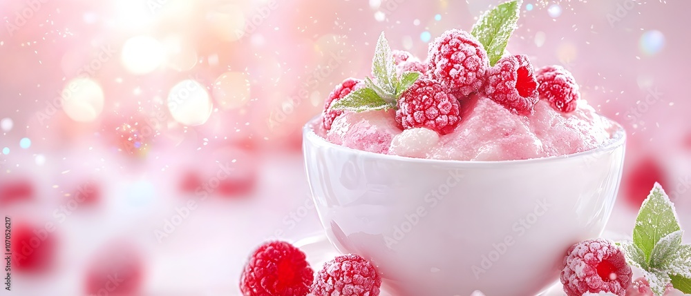A bowl of raspberries and ice cream A bowl of raspberries and ice cream