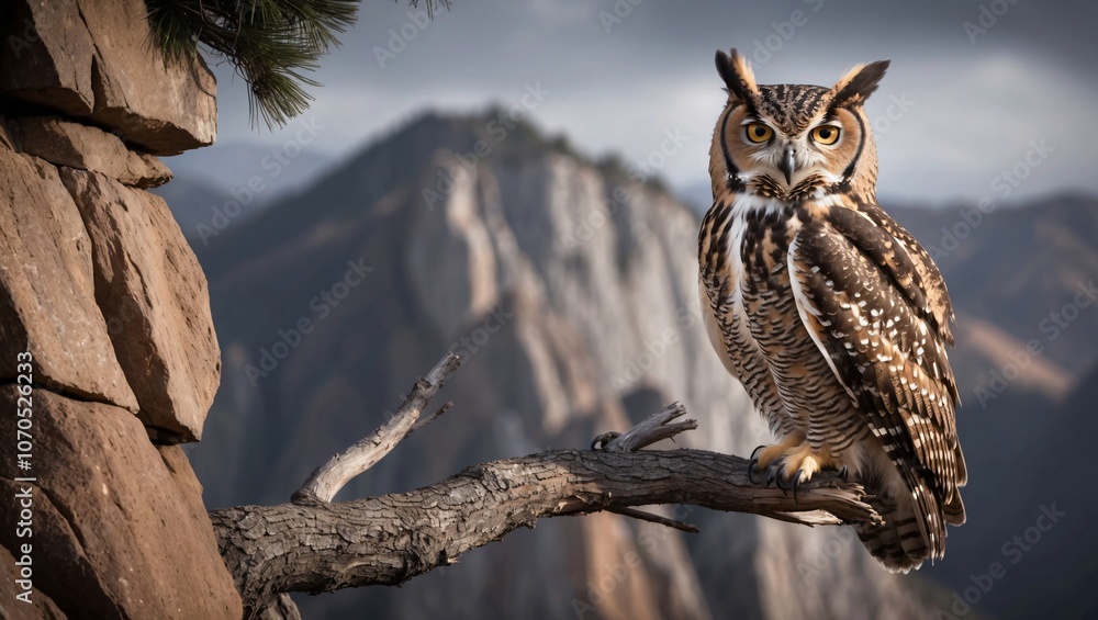 Fototapeta premium Great Horned Owl Perched on Rocky Cliffside
