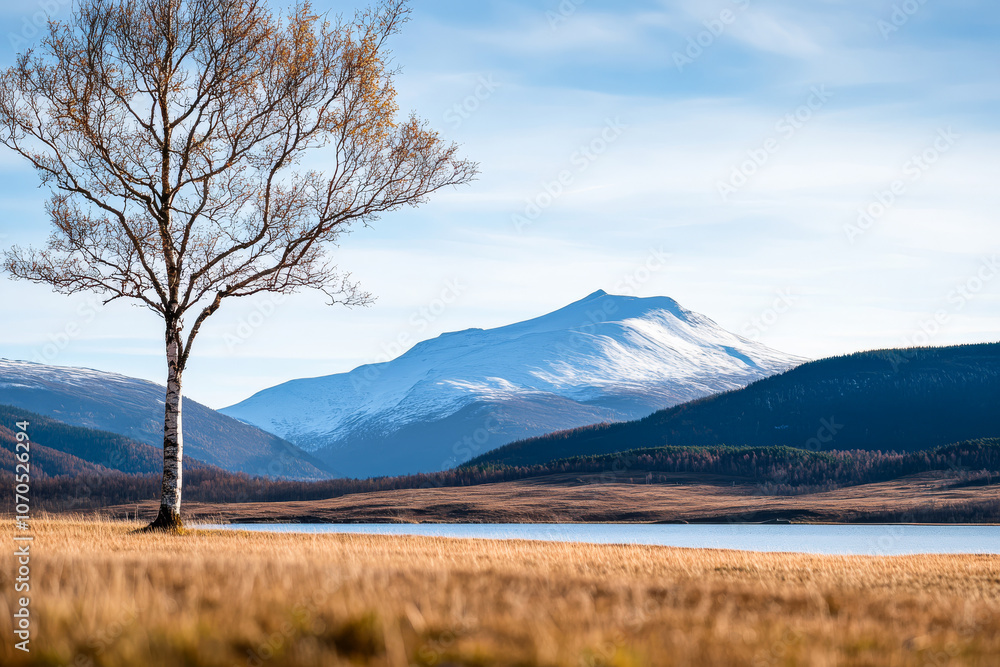 Scenic view of a solitary tree beside a lake with snow-capped mountains in the distance