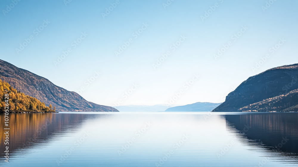 Obraz premium Calm lake reflecting surrounding mountains under clear blue sky during sunny day