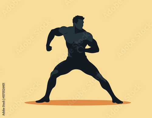 Silhouette of a muscular male fitness enthusiast in a dynamic pose on a warm yellow background.