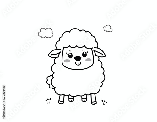 Adorable cartoon sheep with a fluffy wool coat stands cheerfully on a grassy field with two small clouds in the background.