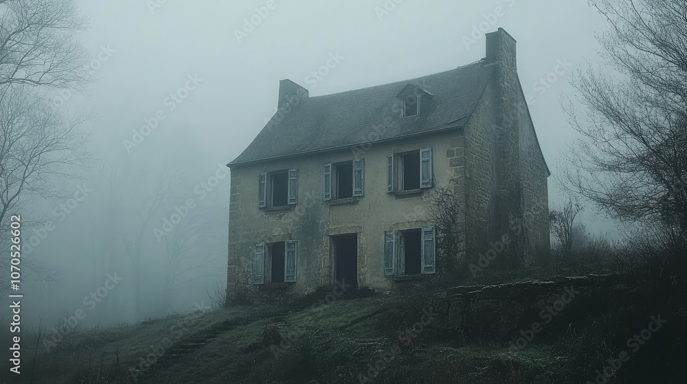 Creepy haunted house, fog, mist, mysterious ambiance Creepy haunted house, fog, mist, mysterious ambiance