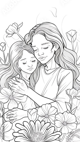 Beautiful Mother Daughter Hugging Line Art Drawing Image
