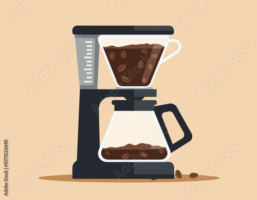 Illustration of a modern coffee maker with coffee beans and brewed coffee against a neutral beige background.