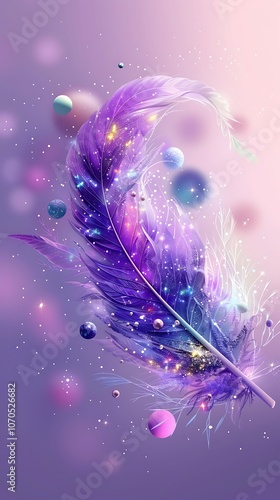 Celestial Feather with Cosmic Stars and Planets Image
