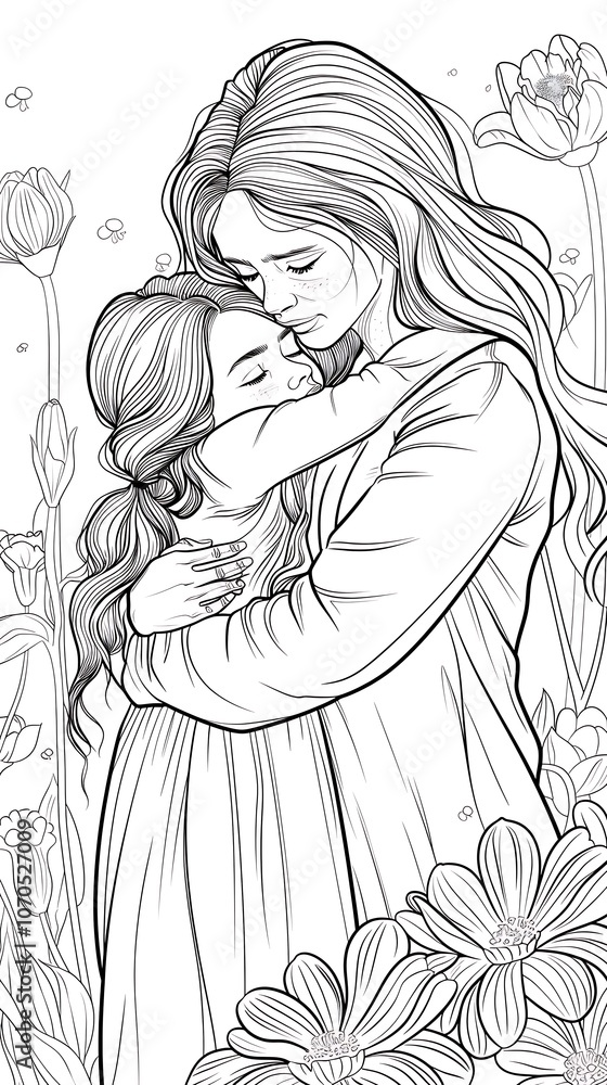 Obraz premium Heartwarming Mother and Child Embrace Outline Art Image