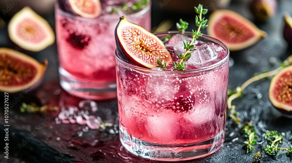 Pink cocktail with fig, thyme, and ice in glass on dark wooden background, close up , summer, drink, alcoholic, cocktail, detox Pink cocktail with fig, thyme, and ice in glass on dark wooden background, close up , summer, drink, alcoholic, cocktail, detox