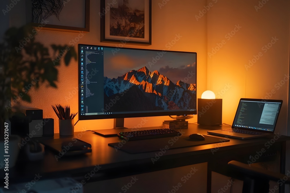 Modern home office desk with a computer, laptop, and a lamp. Modern home office desk with a computer, laptop, and a lamp.
