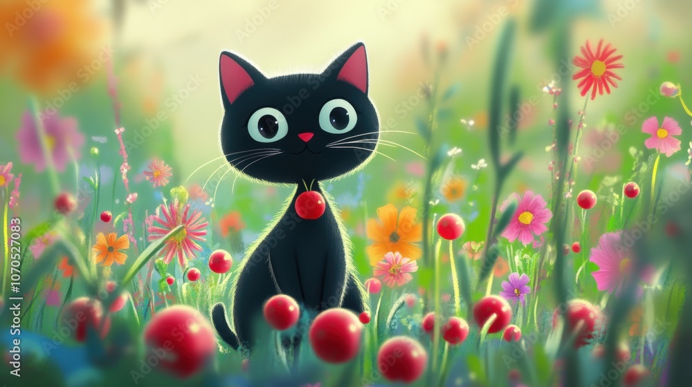 Cute Black Cat in Vibrant Flower Field Illustration Cute Black Cat in Vibrant Flower Field Illustration