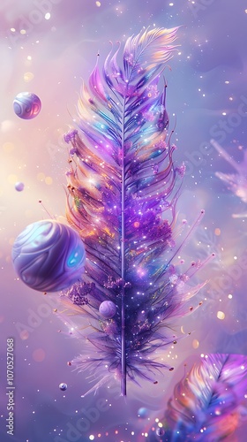 Magical Galaxy Feather Surrounded by Floating Planets Image