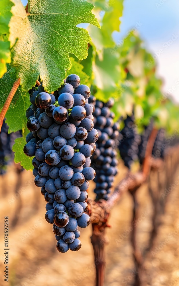 Fototapeta premium Fresh blue grapes hanging on vine in a vineyard, natural light, outdoor setting