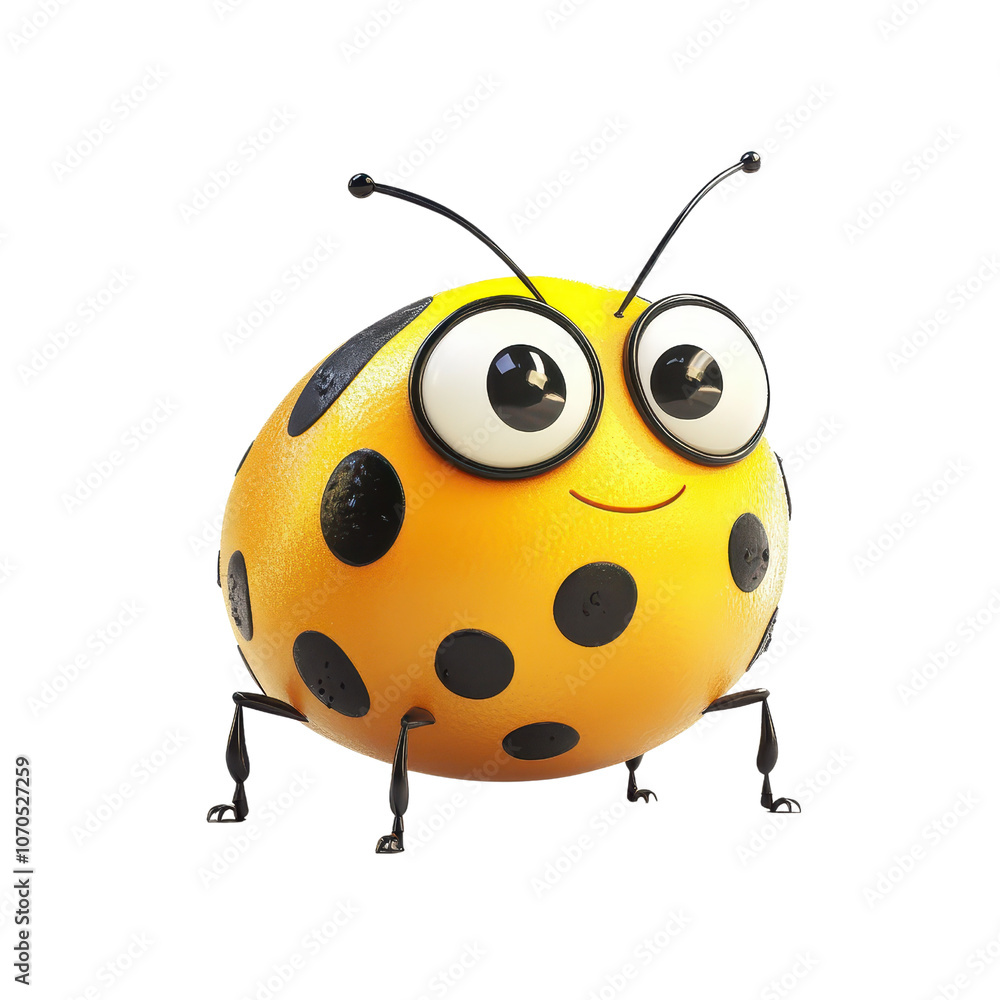 Fototapeta premium A cheerful cartoon ladybug with large eyes and distinct black spots on a bright yellow body., isolated on a transparent background.