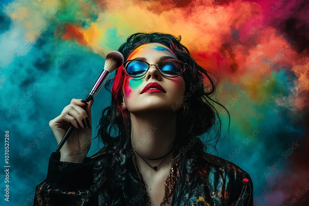 Fototapeta premium Female, makeup artist, wearing modern, professional, and stylish attire for the service industry, artful 