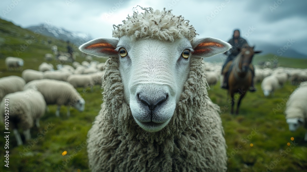 Cinematic poster design close up of a sheep's face in the foreground showcasing the soft and fluffy wool especially around the head and ears Cinematic poster design close up of a sheep's face in the foreground showcasing the soft and fluffy wool especially around the head and ears