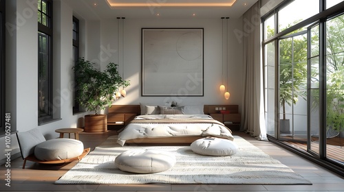 Minimalist small room white walls modern bed and simple decor for a sleek uncluttered look photo