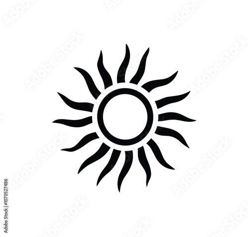 Minimalistic black sun symbol with wavy rays against a white background, representing simplicity and balance.