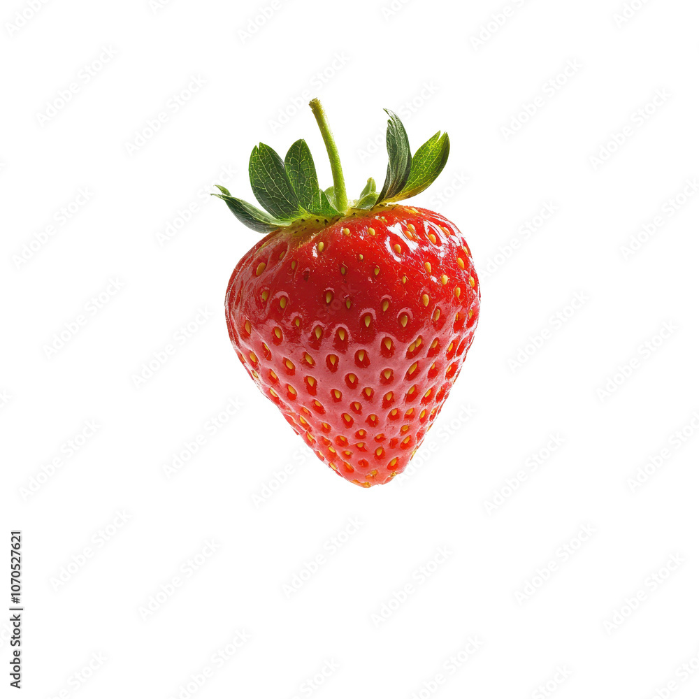 A vibrant, red strawberry with green leaves, showcasing its seeds and glossy surface., isolated on a transparent background. A vibrant, red strawberry with green leaves, showcasing its seeds and glossy surface., isolated on a transparent background.