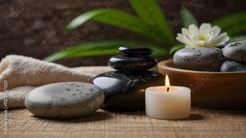 Spa concept with zen basalt stones with flowers
