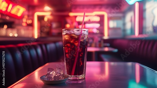 A glass of soda with a straw on the table in a retro diner, with neon lights, a cinematic and dynamic composition