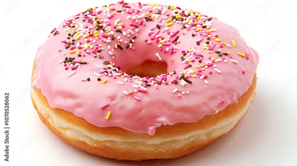 pink glazed donut, topped with colorful sprinkles. pink glazed donut, topped with colorful sprinkles.