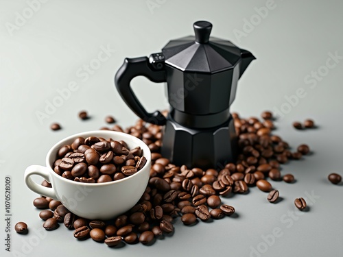 Moka Pot with Fresh Coffee Beans in White Cup on Minimalist Background – Still Life Photograph wallpaper