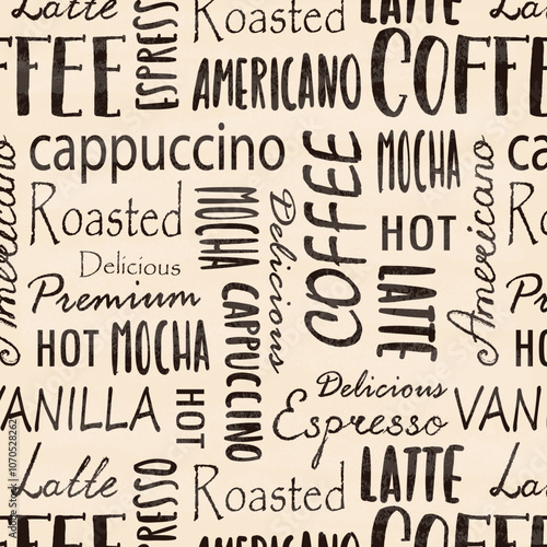 Seamless experience pattern. Names of popular coffee drinks. Vector background.